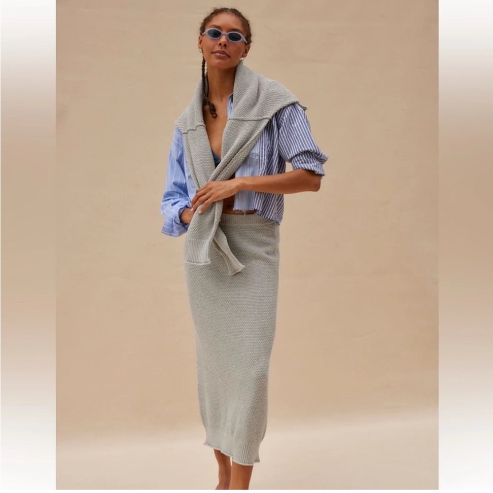 Free People Beach Hailee Cotton Knit Sweater Midi Skirt 2 Piece Set Grey Size M